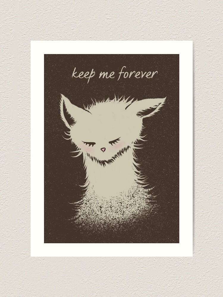Framed art print featuring a cream-colored sleeping cat illustration on a dark brown background, with the words “keep me forever” above it.